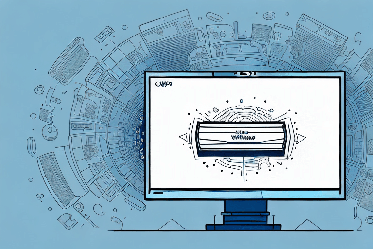 A computer monitor displaying an abstract graphic resembling a futuristic device, performing efficiently. The background features outlines of technological gadgets like radios and cameras, all on a tranquil blue backdrop, reminiscent of the interconnected world within UPS Worldship.