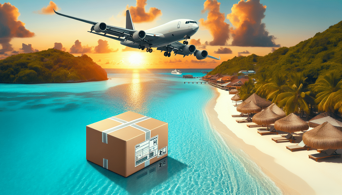 An airplane flies over a tropical beach in the U.S. Virgin Islands with a package resting on the sand. Huts with thatched roofs line the shore as the sun sets behind lush, green islands, casting a warm glow over the calm, blue ocean—a glimpse of seamless shipping with UPS Worldwide Expedited.