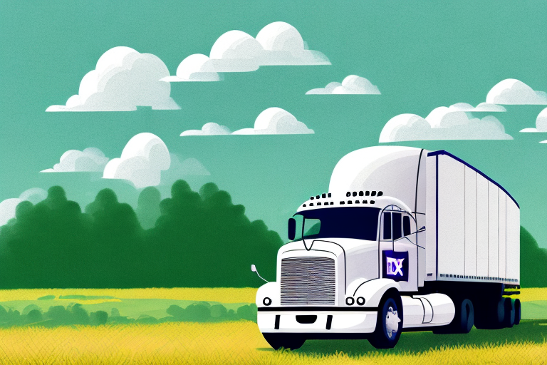 A large semi-truck with a white trailer, featuring a customized logo, delivers packages for FedEx through a scenic countryside. Fluffy clouds float in a bright turquoise sky above fields of green and yellow, evoking the fresh promise of Easter Sunday.