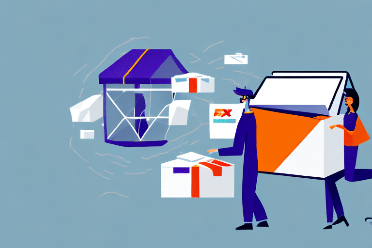 Illustration of two people sending and receiving packages. One stands by a large envelope while the other is near a mailbox, showcasing FedEx Delivery Manager services. Flying envelopes and packages elegantly symbolize mail exchange, echoing the seamless ease of Email Ship Notices.