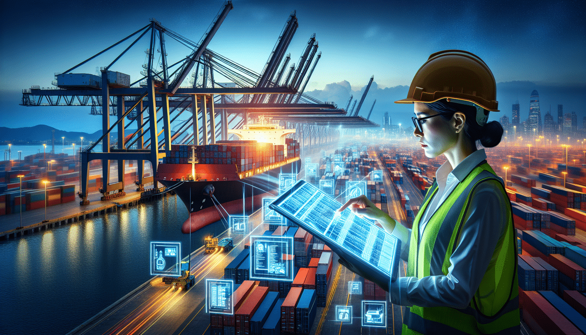 A worker in safety gear holds a digital tablet, analyzing the vital cargo manifest at a busy port. Illuminated cranes and shipping containers fill the scene under a twilight sky, with overlay icons representing the importance of logistics and technology integration.