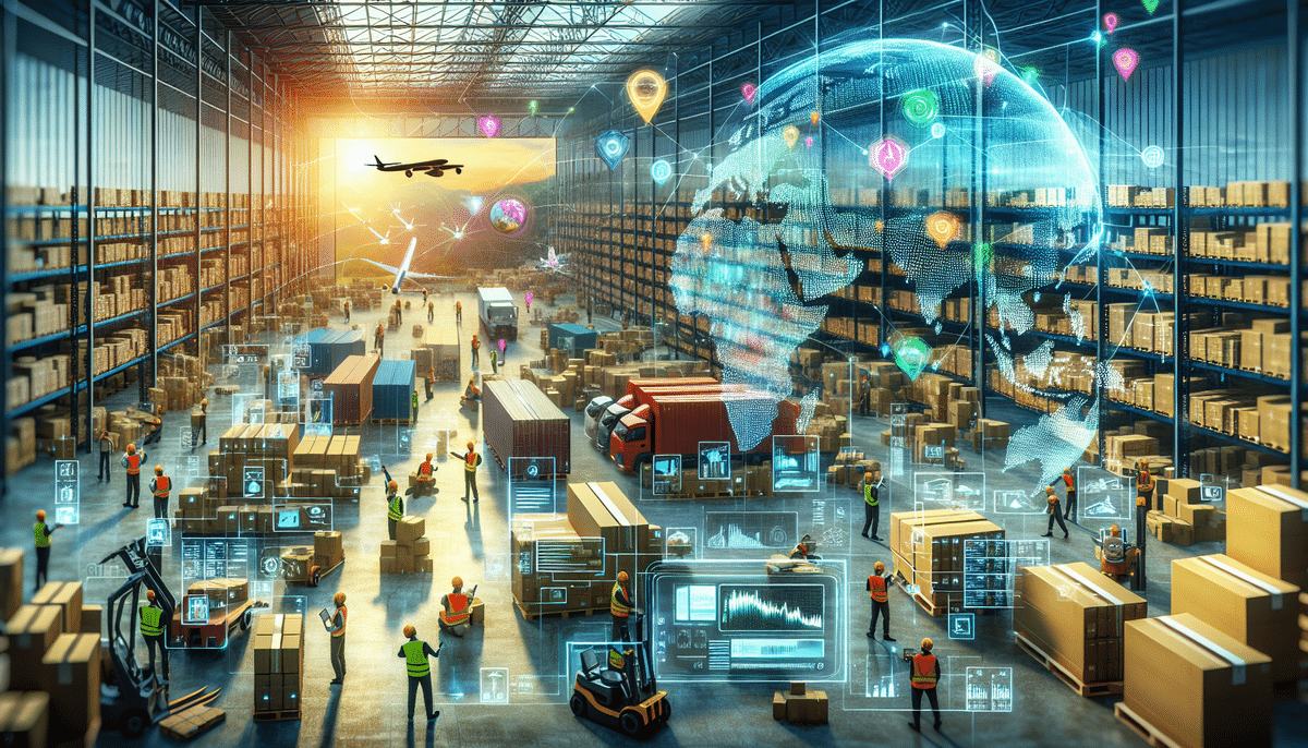 A large, busy warehouse with workers and machinery seamlessly handling boxes. Digital overlays depict a glowing globe, aircraft, and technology icons symbolizing global logistics and data integration. This vibrant setting illustrates how 3PL efficiently helps ship packages worldwide, illuminated by sunlight.