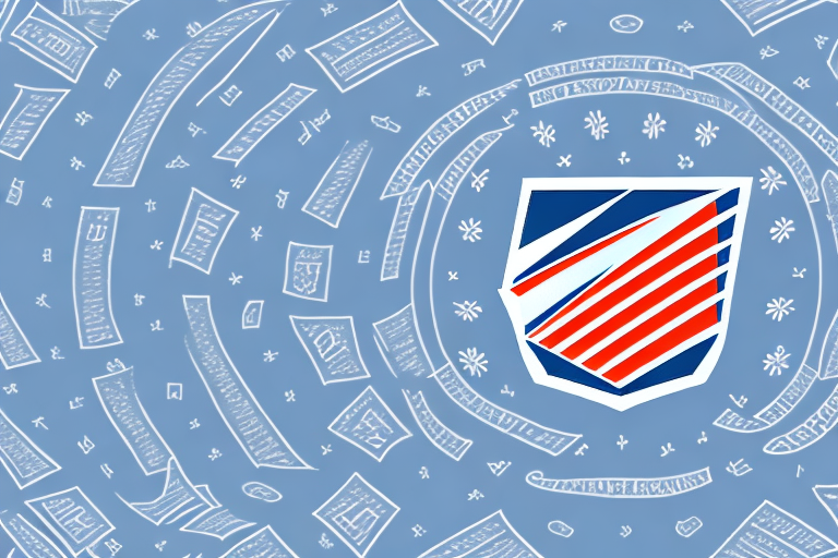 A blue shield logo with diagonal red and white stripes in the center evokes a sense of security. Surrounding it, geometric shapes and banners, drawn in white against a light blue background, echo the reliability and trust of insurance.