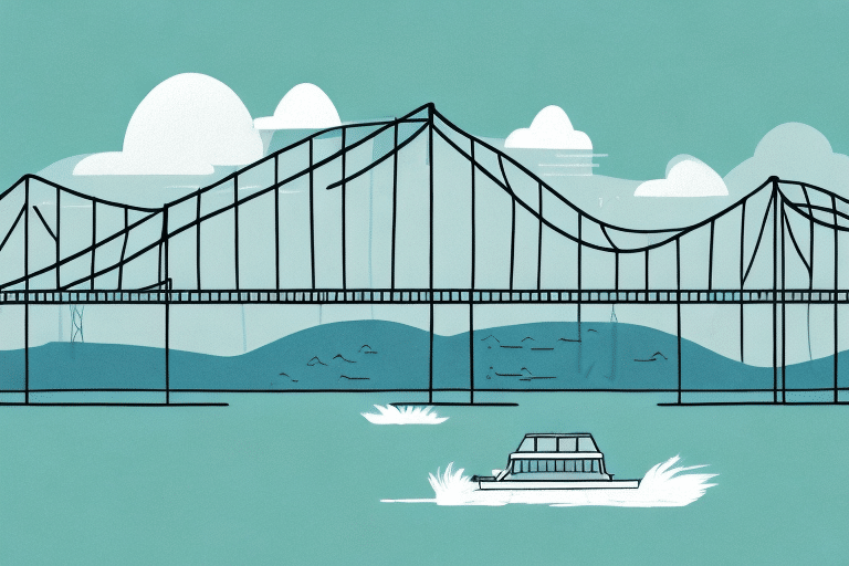 Illustration of a suspension bridge stretching over a river with a solitary boat drifting below. The sky, filled with scattered clouds, contrasts the distant hills in the background, creating a serene landscape that quietly hints at abandonment and difference.