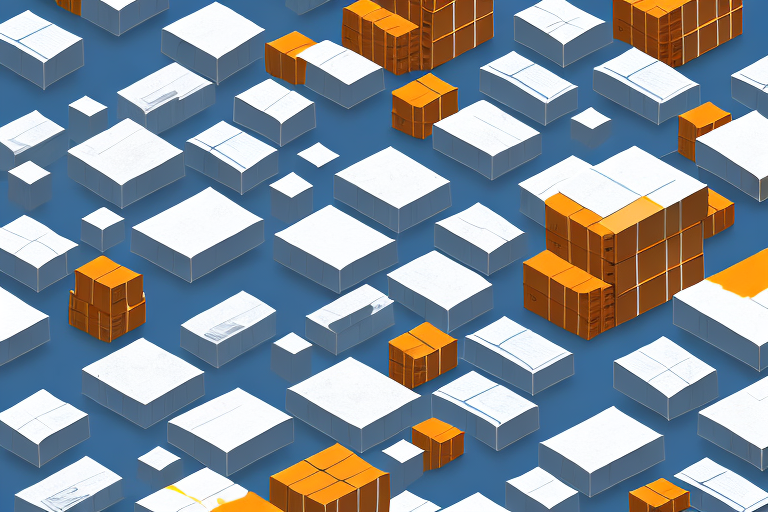 Isometric illustration of a field of 3D white and orange boxes, resembling a dynamic supply chain management system, on a blue background, arranged randomly.