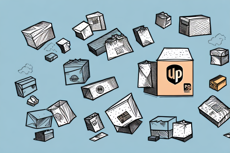 Illustrated parcels and packages of various shapes and sizes are scattered against a light blue background. Uniquely detailed with labels and logos, they evoke shipping activity while hinting at the allure of UPS Volume Discounts.