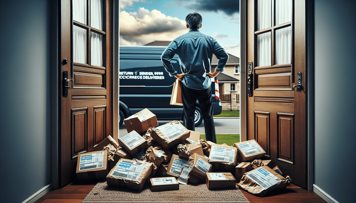 A person stands at the entrance of a house, hands on hips, pondering what to do with the undeliverable package among a pile on the doorstep. A van marked Deliveries idles nearby, parked in front of suburban homes under a cloudy sky.