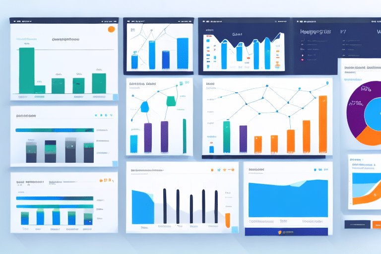 A collage of various graphical charts and diagrams showcasing statistical data for E-Commerce Operations. It includes line graphs, bar charts, and pie charts in assorted colors like blue, orange, and purple on a light background, effectively measuring traffic from diverse sources.