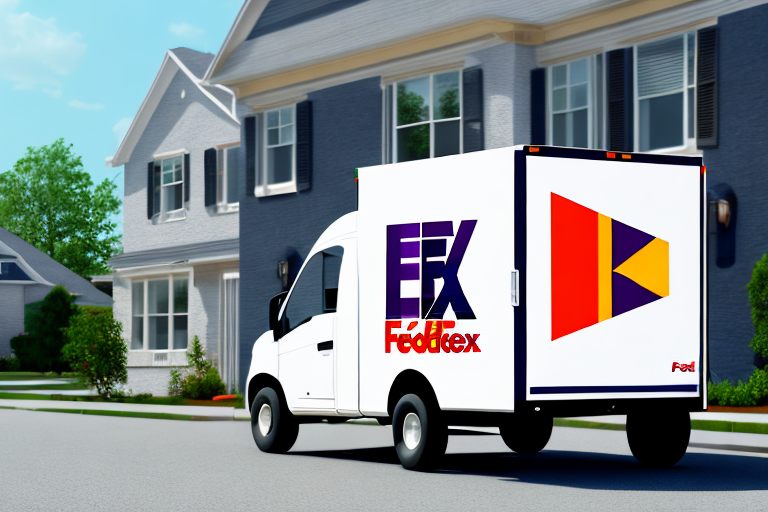 A FedEx delivery truck is parked on a suburban street, ready to pick up packages in front of a row of modern houses. The truck features the FedEx logo prominently on its side, gleaming in the bright, sunny scene.