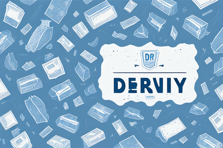 An illustrated image showcases various floating packages on a blue background, with a central white banner boldly displaying DERVIY in navy letters. The scene subtly hints at shipping essentials, perhaps like dry ice or even the UPS Dry Ice Fee combo.