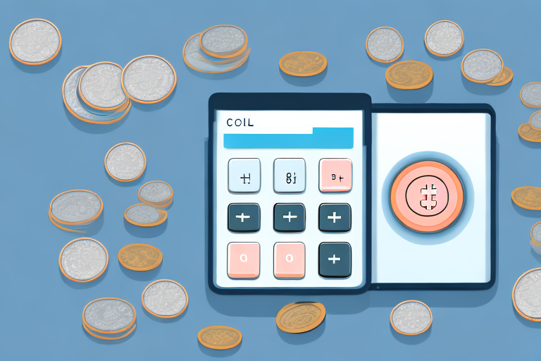 An illustration of a blue calculator with COIL on its screen, surrounded by silver and gold coins scattered across a blue surface. Its an inviting scene to explore numbers, perhaps even pondering the mysteries of UPS insurance costs.