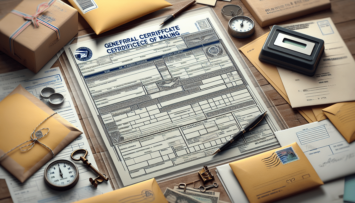 A general USPS Certificate of Mailing form is placed on a wooden desk surrounded by various postal items, including envelopes, packages, stamps, a stopwatch, a magnifying glass, and a small clock—a perfect setup for understanding how to obtain the certificate.