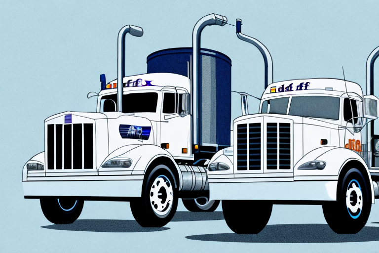 Illustration of two stylized white semi-trucks with prominent exhaust stacks and blue accents. With a nod to FedEx Shipping, these trucks boast company logos on their cabins and are side by side against a light blue background.