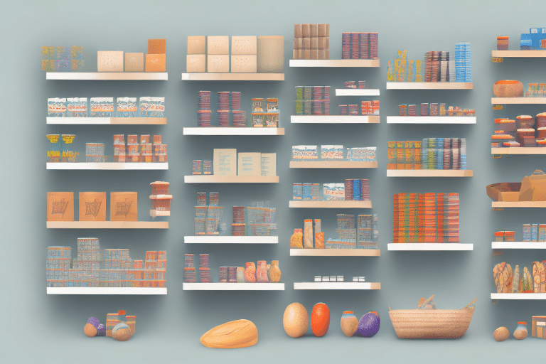 A display of neatly organized shelving showcases a variety of food products, benefiting from efficient retail procurement. Against a pale gray wall, the shelves hold boxes, jars, and cans, with assorted items like fruits and a basket artfully placed at the bottom.