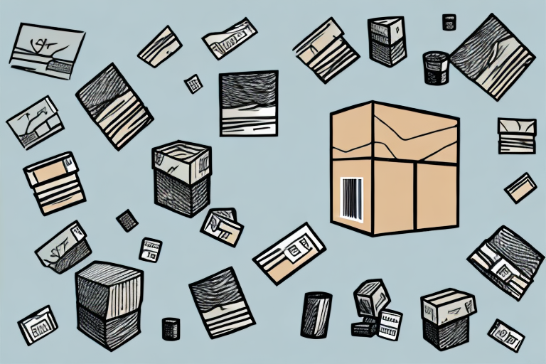 Illustration of various packages and boxes with different sizes, designs, and labels scattered across a light blue background. A large box with a barcode and UPS Shipping label stands prominently in the foreground.