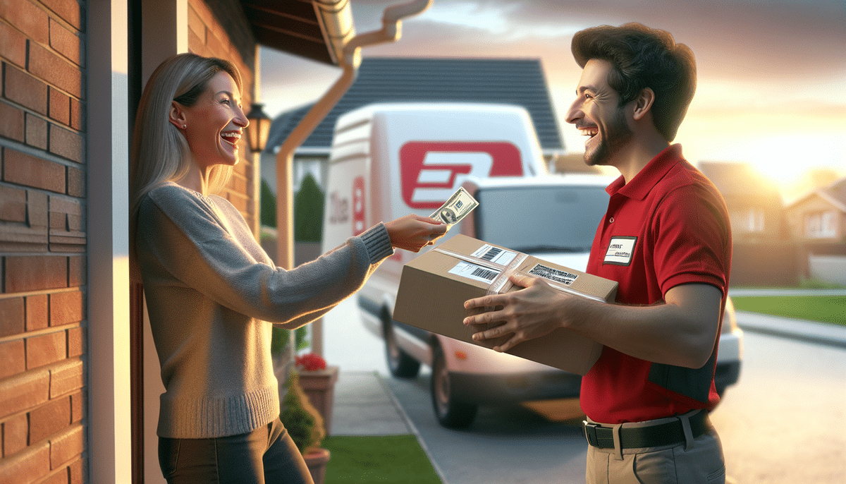 A smiling delivery person hands a package to a cheerful woman at her doorstep, embodying the efficiency of a modern business. She holds cash for the COD transaction as a delivery truck waits on the sunny residential street in the background.