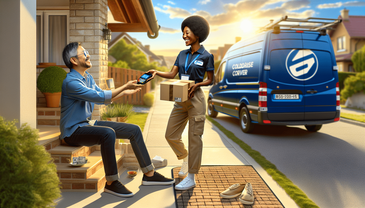 A delivery person hands a package to a seated man on a porch, who signs an electronic device for COD. A delivery van is parked nearby on the sunny day, with shoes placed near the mans feet.