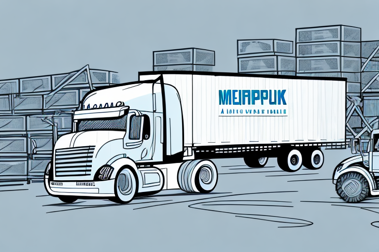 Illustration of a semi-truck with MEIRAPPUK on the trailer, parked in an industrial yard amidst stacks of crates, highlighting the supply chains backbone. The scene is rendered in a sketch style with shades of blue and gray.