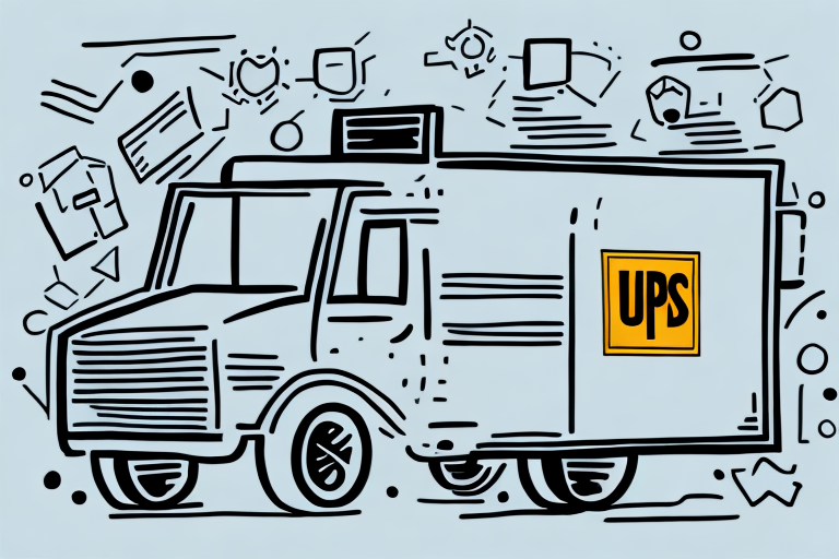 Illustration of a UPS delivery truck with bold lines and abstract geometric patterns in the background. The stylized truck proudly displays the UPS logo, hinting at an understanding of UPS shipping rates.