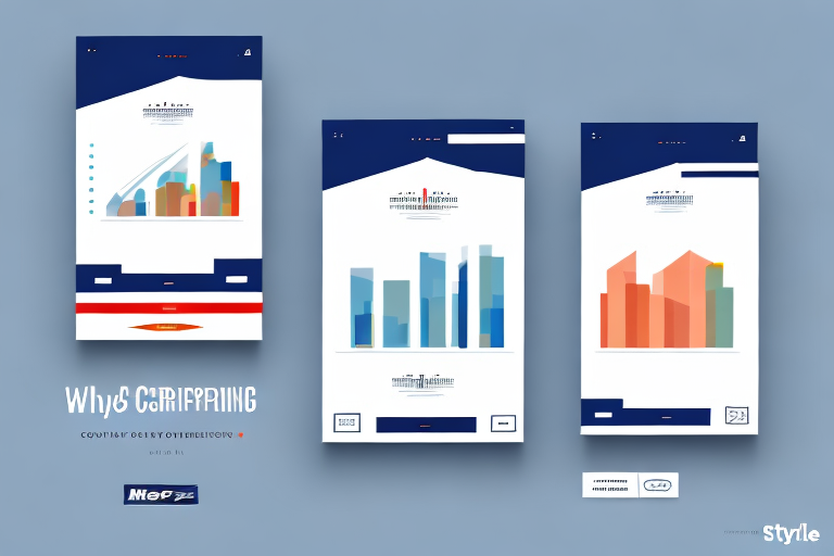 Three stylized infographic panels display colorful bar and line graphs, reminiscent of shipping chart rates, with abstract city skyline designs. The background is light blue, and the panels have a clean, modern look with red, blue, and orange accents. Text appears as decorative elements.