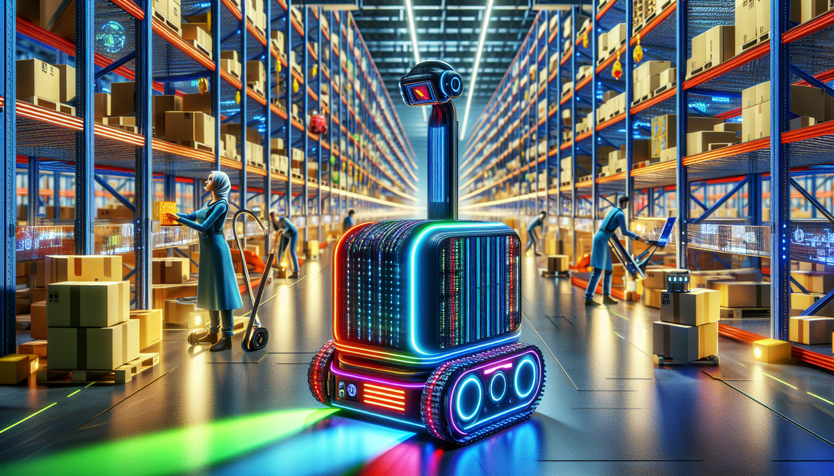 A futuristic warehouse scene showcases a glowing, autonomous robot from Fetch Robotics in the foreground. Workers maneuver carts and interact with shelves filled with boxes, while the vibrant space is alive with colorful lights and advanced technology, inviting a natural robotics comparison.