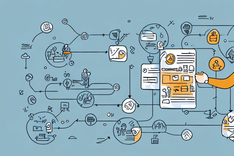 A complex flowchart with interconnected circles and icons depicting digital communication strategies and data flow. Lines connect various elements, including documents, graphs, and people dedicated to customer retention, all set against a blue background.