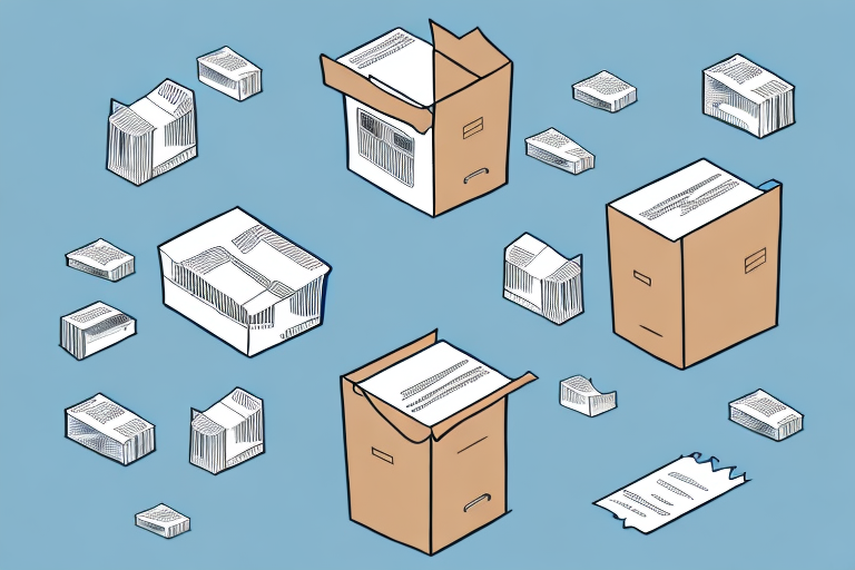 Illustration of various cardboard boxes and stacks of paper scattered on a blue background. Some papers are partially in boxes, with open flaps revealing contents, suggesting an economy shipping scenario.