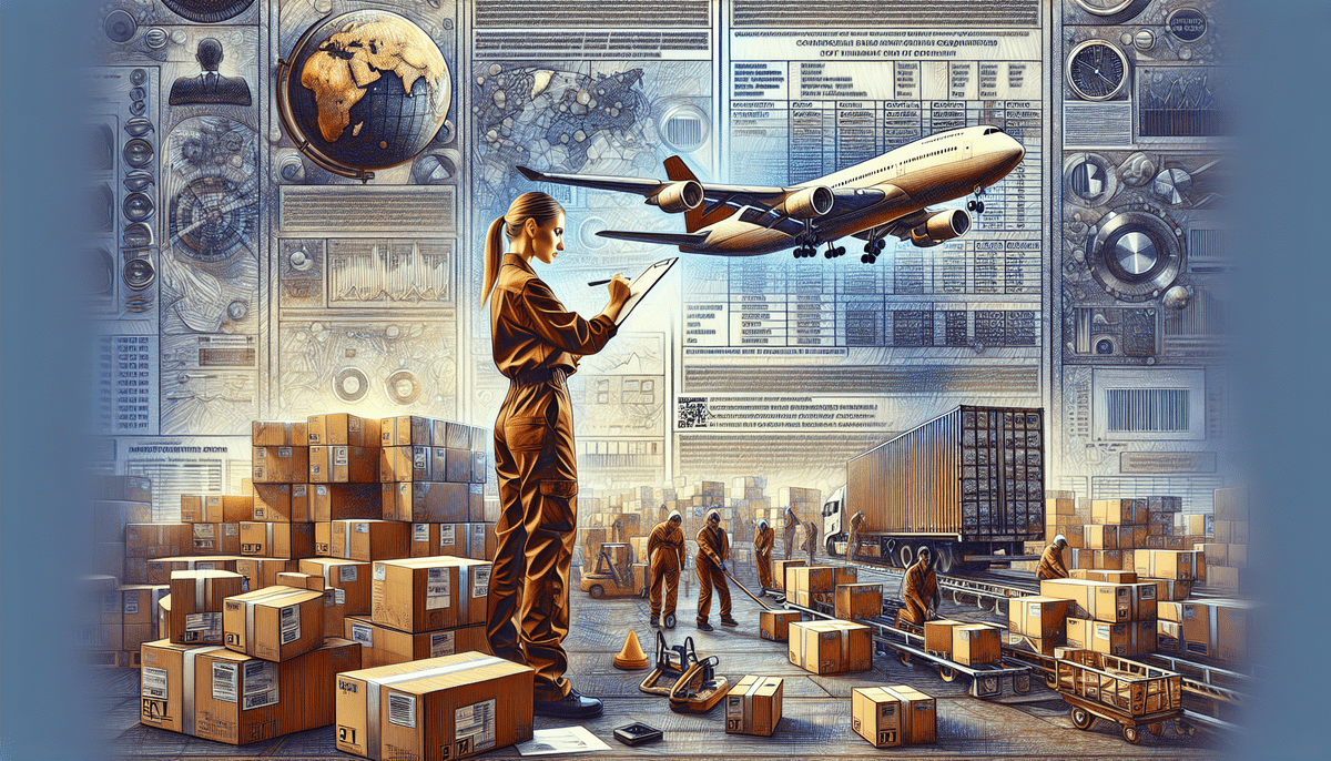 A woman in a work uniform uses a tablet amidst stacks of boxes, effortlessly managing the flow of goods with UPS Worldwide Express. Workers handle packages near a truck as an airplane soars above, set against logistics-themed imagery, including maps and gears that symbolize global shipping and supply chains.