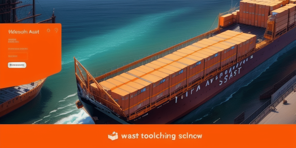 A large cargo ship loaded with orange containers is docked at a port, reflecting in the calm blue water. A login screen overlay with the text Microsoft Azure appears on the left, serving as a tool for troubleshooting shipping logistics. The bottom text reads wast toolching scinow.