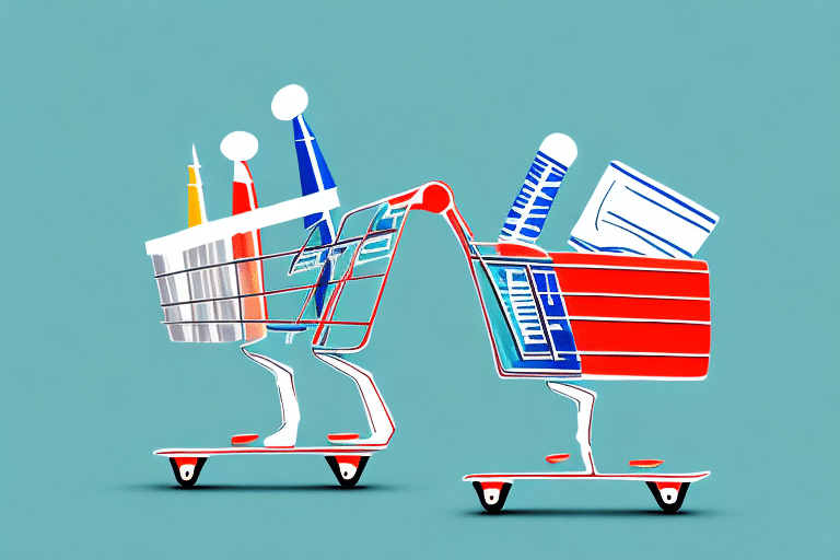 Two shopping carts face each other against a blue background. One cart, laden with office supplies like pens and notepads, stands across from the other filled with books and a pencil. The image uses a simplified, colorful illustration style that creatively highlights e-commerce operations.