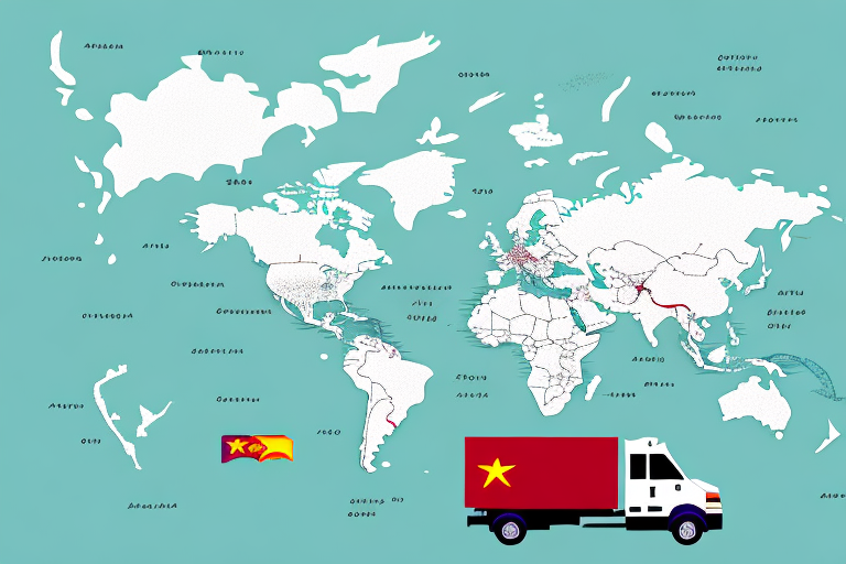 Illustration of a world map in light blue with countries labeled. A small Vietnam flag marks Vietnam, while a red truck with a yellow star journeys from Vietnam towards Europe, symbolizing international trade. FedEx shipping rates could be an essential factor in this cross-continental venture.