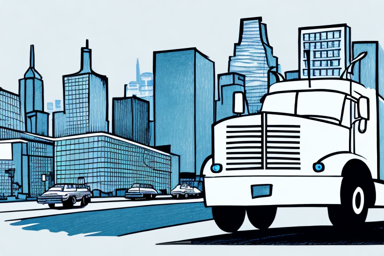 Illustration of a large FedEx truck driving on a city street, surrounded by buildings and other vehicles. The cityscape is stylized with blue and gray tones, emphasizing the urban environment and movement, highlighting the hustle of deliveries happening today.