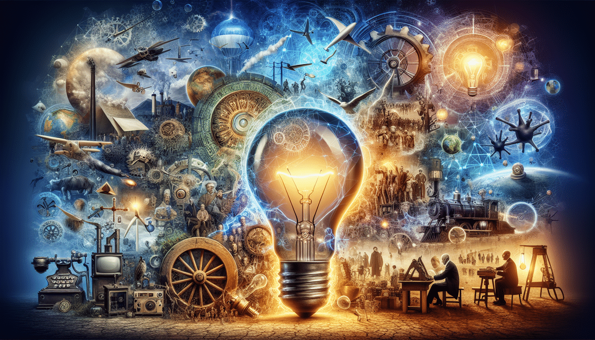 A vibrant collage depicting a large light bulb at the center surrounded by historical and technological elements, including gears, airplanes, scientific symbols, and people. This artwork illustrates the necessity of innovation and progress through time.