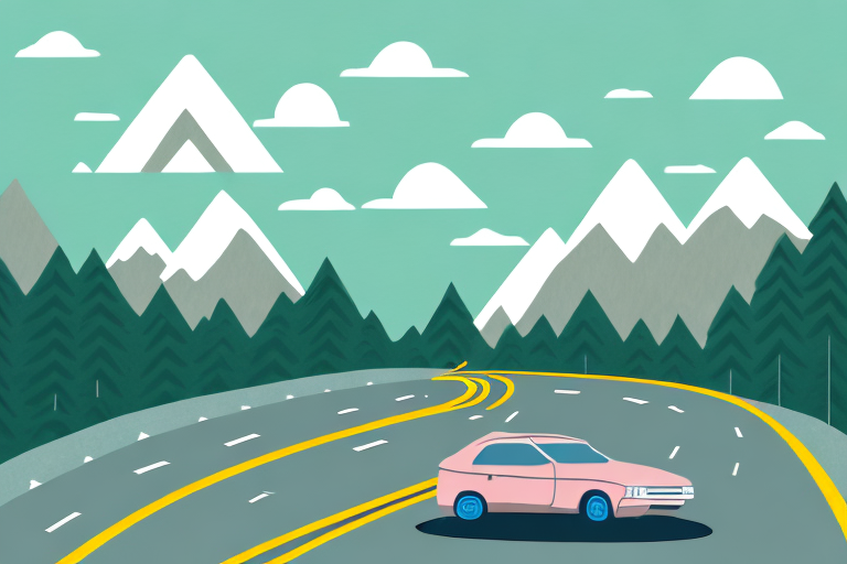 Illustration of a Draiver pink car navigating a winding road through a mountainous landscape. Snow-capped peaks, green pine trees, and fluffy clouds contrast against a teal sky, creating an adventurous ambiance.