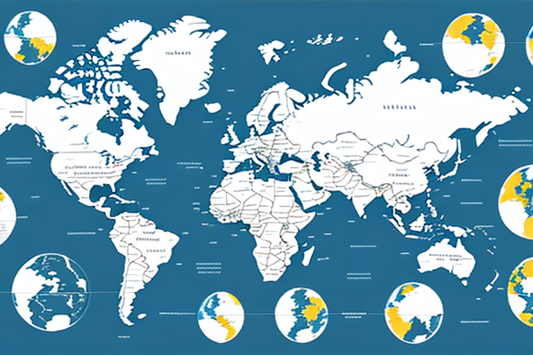 A world map in blue and white shows continents and country boundaries, perfect for planning international shipping routes. Smaller globe insets highlight different regions. Labels mark continents and some countries, while oceans are depicted in blue.