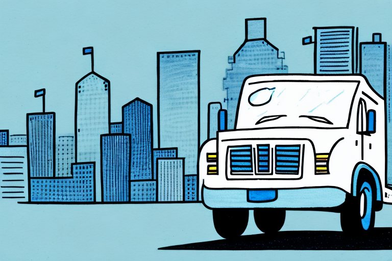 Illustration of a large white truck with blue accents, showcasing the iconic FedEx delivery service, driving in front of a stylized city skyline. The buildings stand in blue and gray tones against a light blue background, capturing the essence of the busy FedEx schedule.