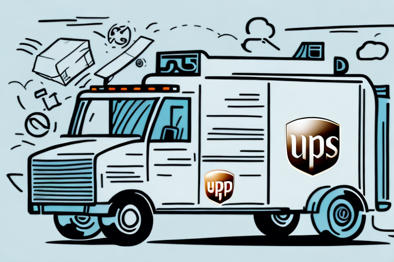 Illustration of a delivery truck with ups and upp logos on its side, racing at high speed. It leaves a flurry of flying documents and parcels, symbolizing the efficiency and value showcased by UPS business account cost savings. The background remains simple and minimalistic.