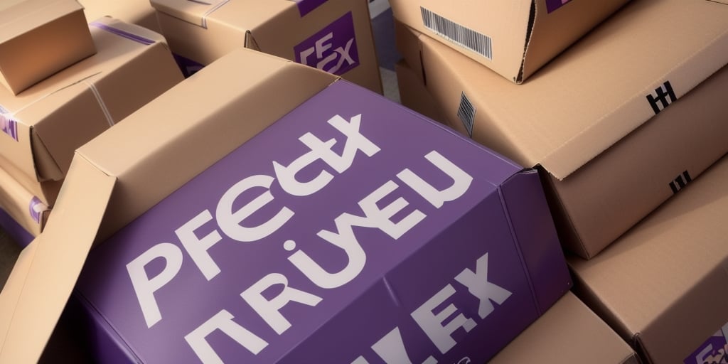 Cardboard boxes, each stamped with a distorted FedEx logo, are stacked in a lively blend of purple and beige hues. These parcels, marked as Signature Required, hint at their imminent journey through the bustling world of shipping logistics.