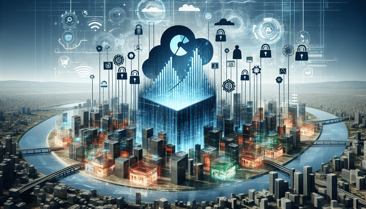 A futuristic cityscape encircled by a river features towering buildings with digital elements. Above the city, a cloud icon symbolizes data and connectivity, appealing to savvy investors and embodying an understanding of advanced Shopify valuation through icons representing various technologies and networks.