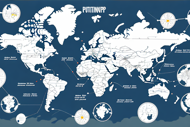 World map with white outlines on a blue background, highlighting various cities and regions with circular insets. Text in a non-standard script appears at the top and throughout the map, with arrows connecting different UPS Shipping Zones.