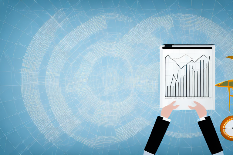 A person holds up a clipboard with a line and bar graph against a blue background with abstract circular designs, monitoring economic trends. The graph displays fluctuating data patterns, while a partial image of a construction crane appears on the right.