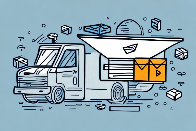 Illustration of a delivery truck with a large paper airplane on top, symbolizing Amazons fast package delivery. Envelopes and packages are scattered around, set against a light blue background, highlighting exceptional customer service.