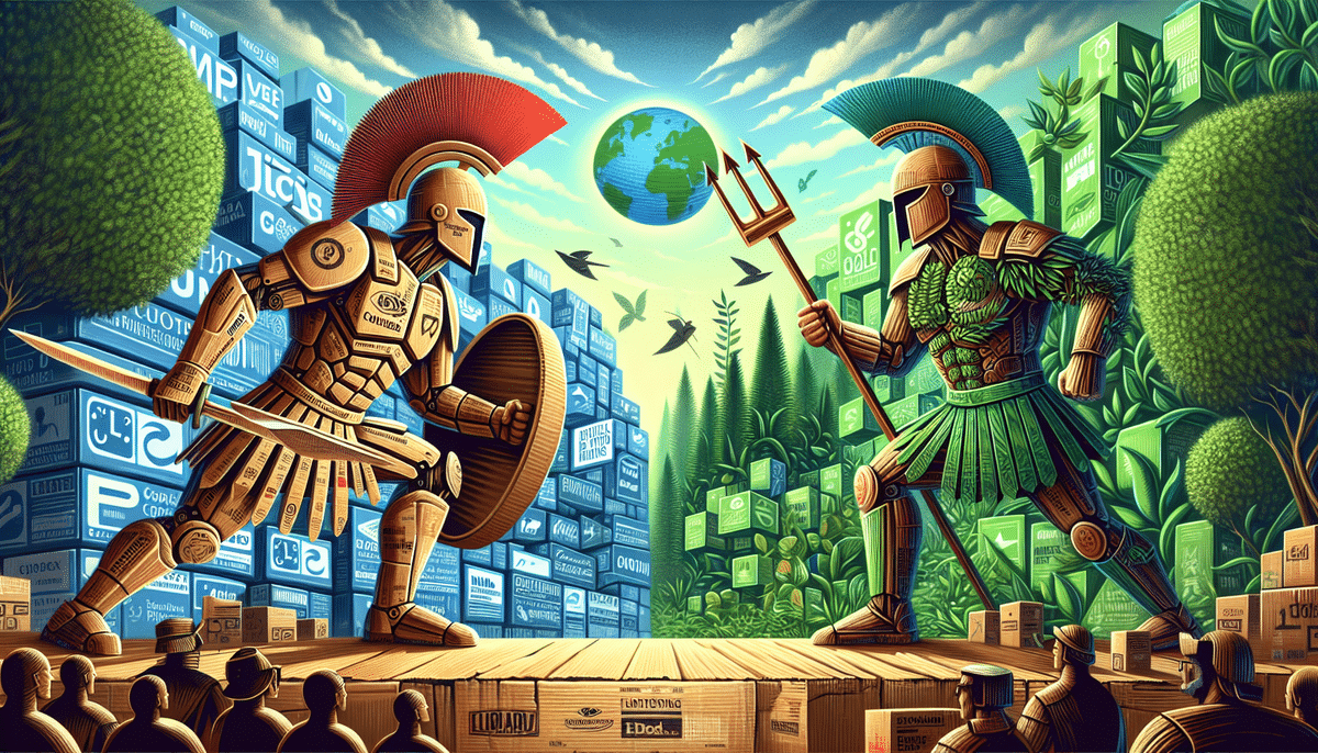 Two large armored figures with helmets face off on a wooden platform, surrounded by digital and nature-themed blocks. Birds circle a globe above their heads, echoing International Papers balance of tech and lush greenery, suggesting a digital vs. nature theme.