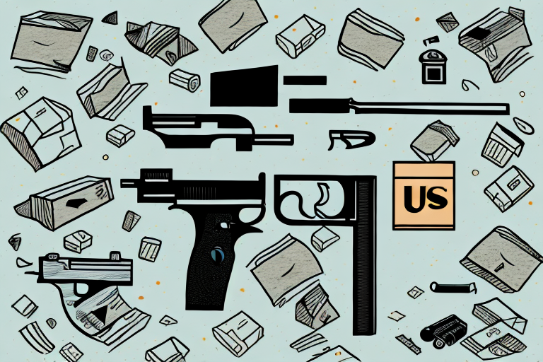 Illustrated schematic of various firearms surrounded by scattered envelopes and small boxes, alongside a square with US written on it. The elements, perhaps awaiting UPS shipment, are arranged against a textured gray background, creating a technical and chaotic composition.