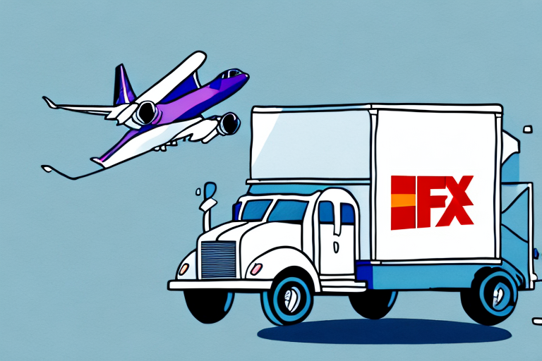 Illustration of a white truck with the FedEx Ground logo and a purple airplane soaring above it against a blue background, symbolizing logistics and delivery services.