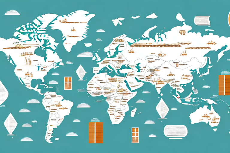 Map of the world displaying historical routes and locations in brown on a teal background. Various symbols, like ships and pyramids, are scattered across continents and countries, indicating points of interest or historical significance.