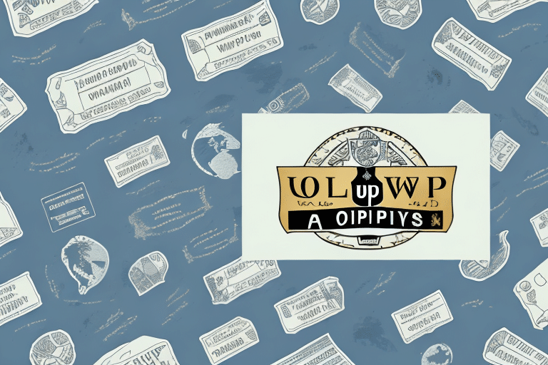 A collage of various vintage travel stickers and stamps on a blue background features a central logo reading O L W P A Diipipys alongside an illustration of a globe and compass. The design subtly evokes the global reach reminiscent of UPS Worldship.