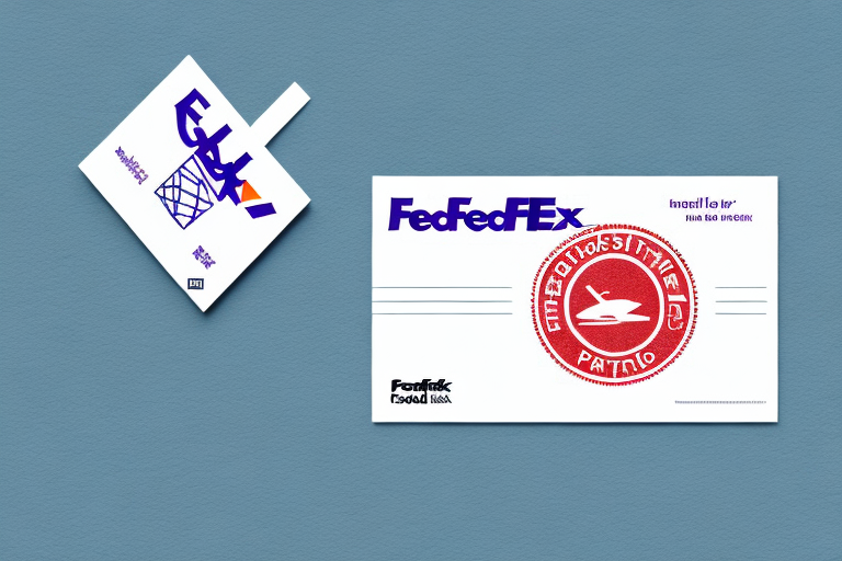 Illustration of two pieces of mail. On the left, a small package with an abstract design and FedEx logo; on the right, an envelope featuring a large red circular stamp and FedEx Express logo. Both rest on a textured blue surface, exemplifying FedExs competitive postcard shipping rates.