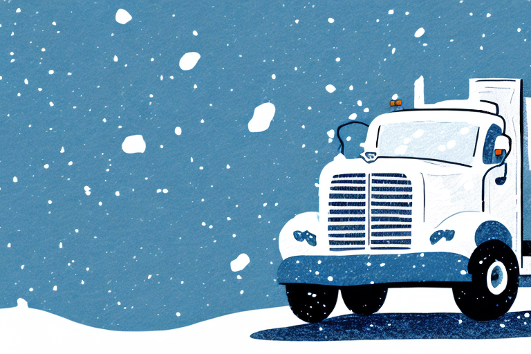 Illustration of a vintage truck covered in snow, delivering packages through a snowy landscape on Christmas Eve, with large snowflakes falling against a blue sky.