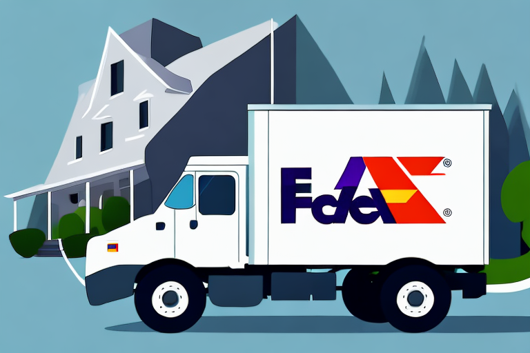 Illustration of a FedEx delivery truck parked outside a large white house with a sloped roof. The truck, featuring the distinctive FedEx logo in purple and orange, highlights the convenience of FedEx Home Pickup. The background includes stylized trees in a simplified, graphic style.